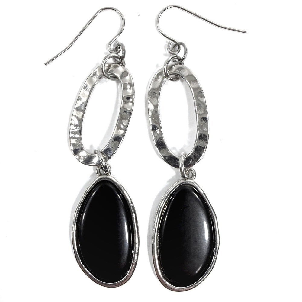 Teardrop Dangle Earrings Women Black Silver Tone Hammered Oval Boho Jewelry